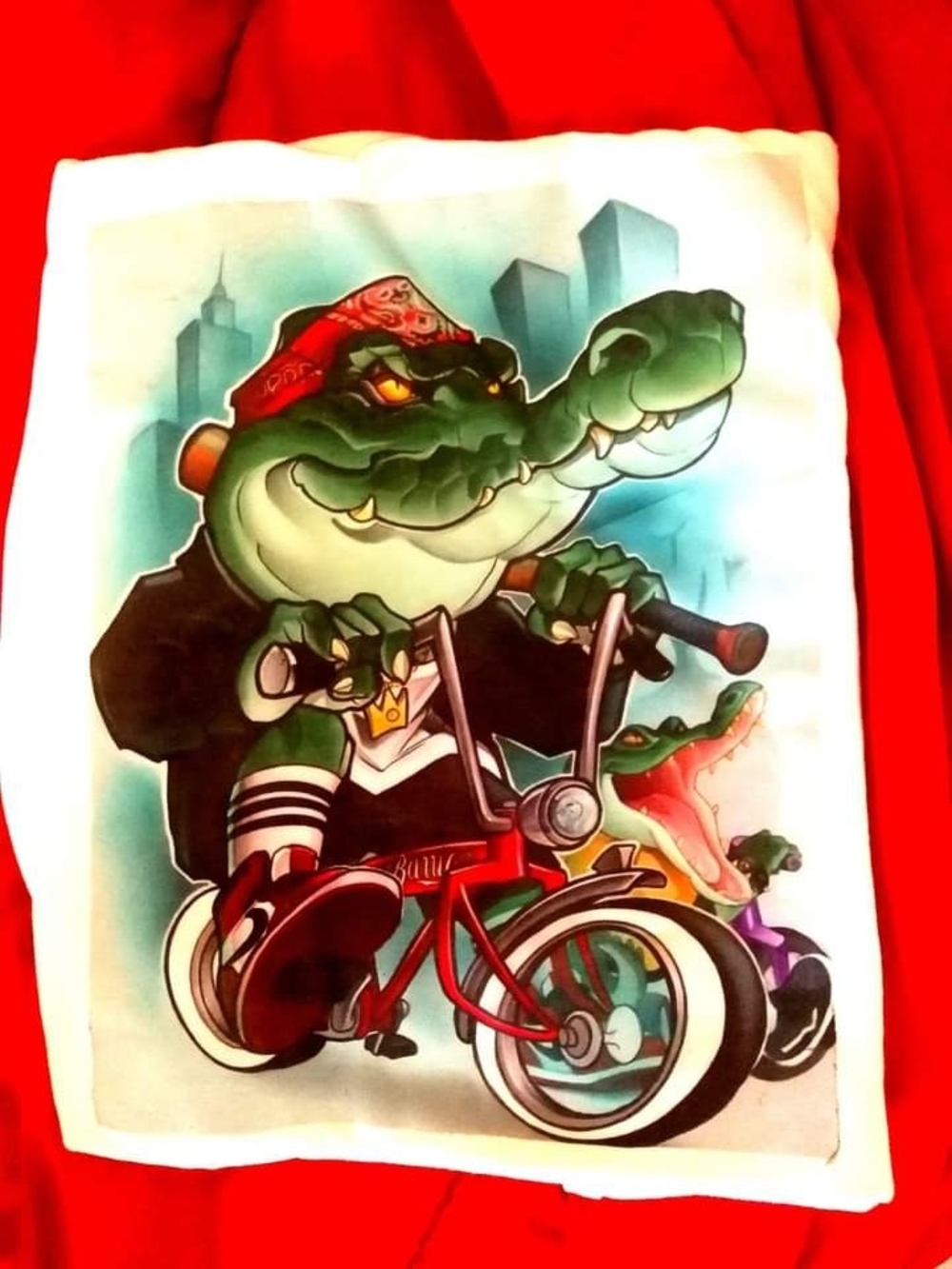 Cartoon Crocodile Riding Bike Graphic Tee - Red, Green, White